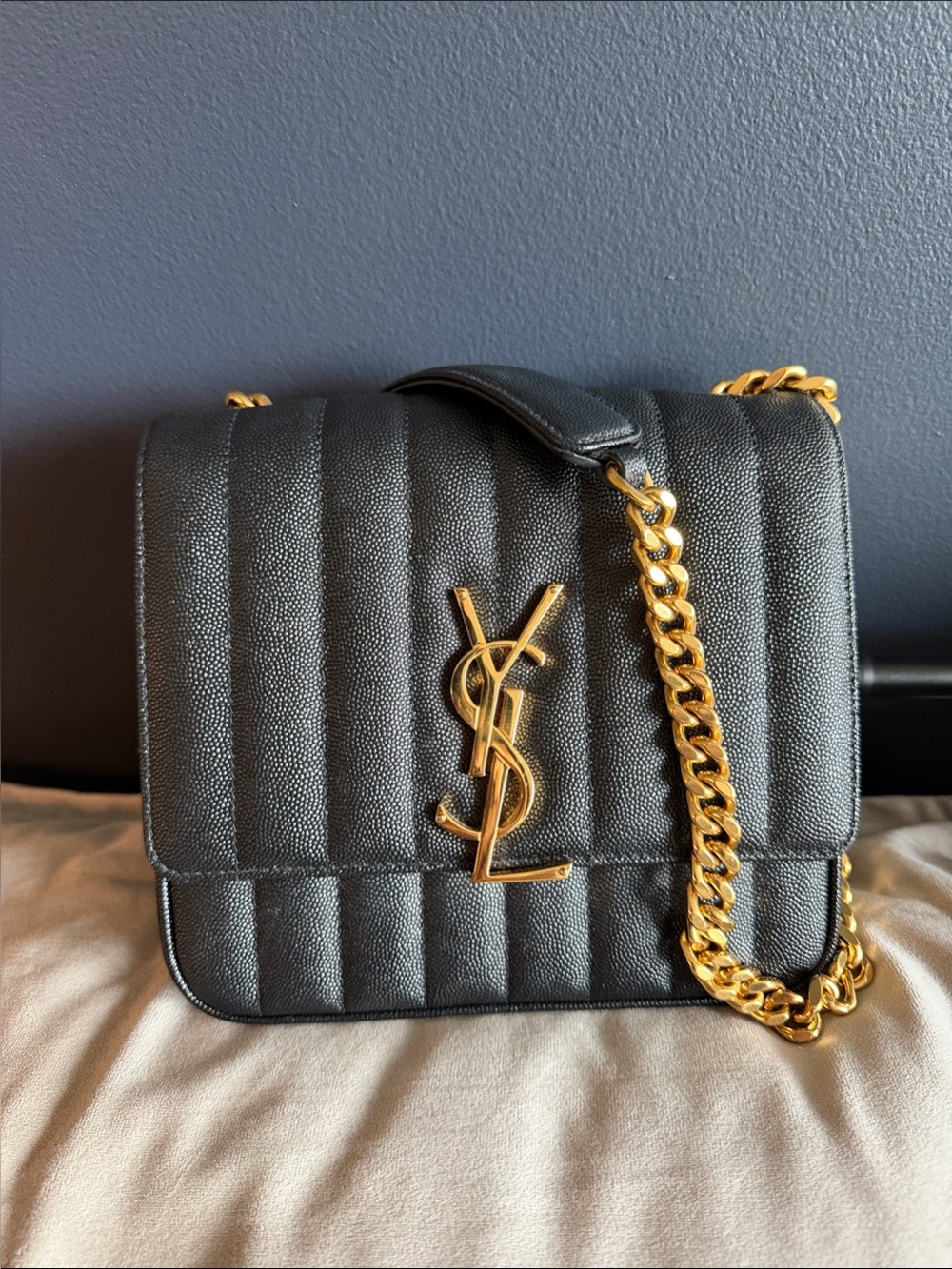 Saint Laurent Black Quilted Leather Shoulder Bag with Gold Chain and YSL Logo